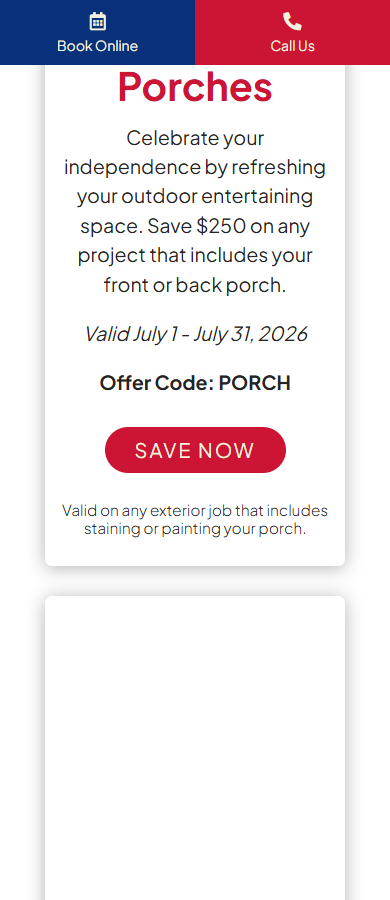 Columbus Painting July PORCH card, captured September 14, 2026, showing its July 31 end date and SAVE NOW label.